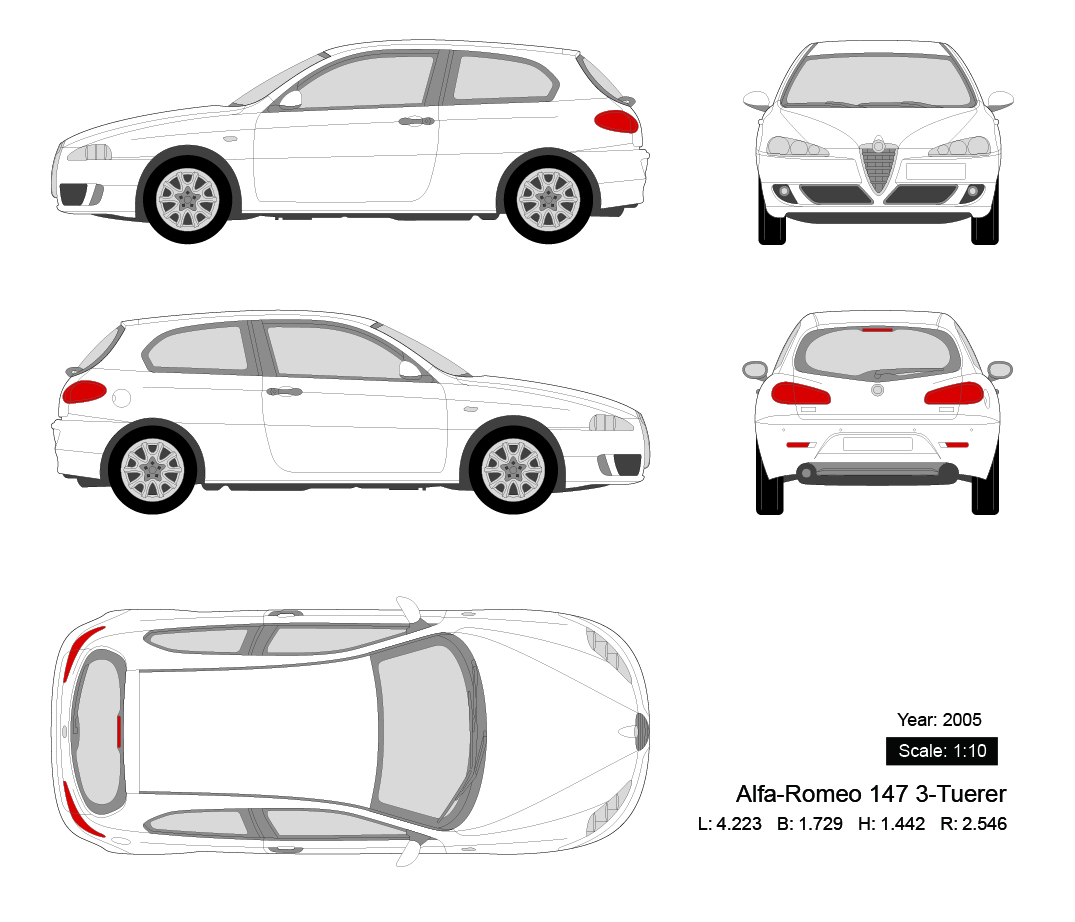Alfa-Romeo 147 3-Tuerer 2005矢量三视图