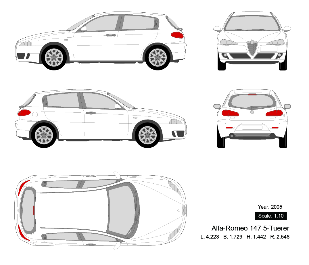 Alfa-Romeo 147 5-Tuerer 2005矢量三视图