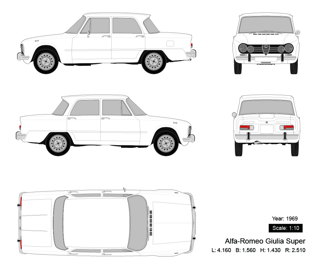 Alfa-Romeo Giulia Super 1969矢量三视图