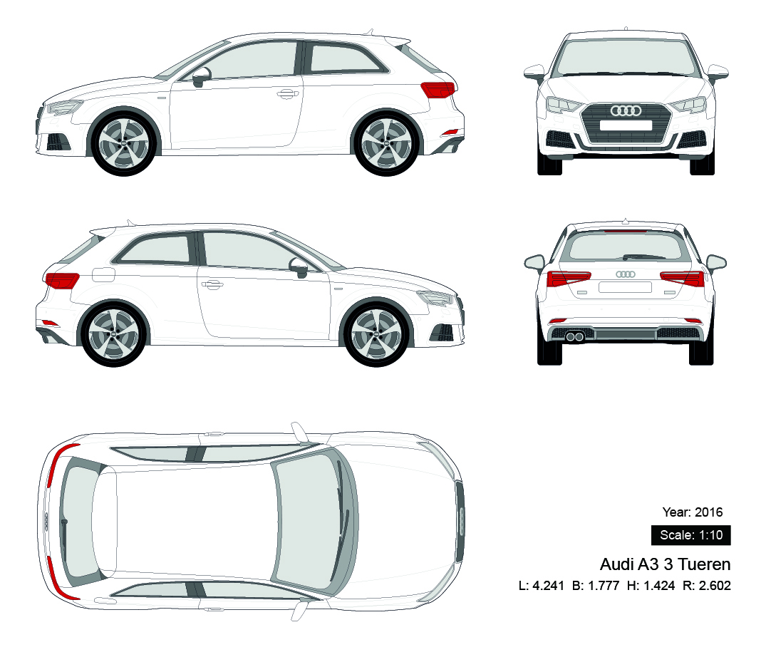 Audi A3 3 Tueren 2016 矢量三视图