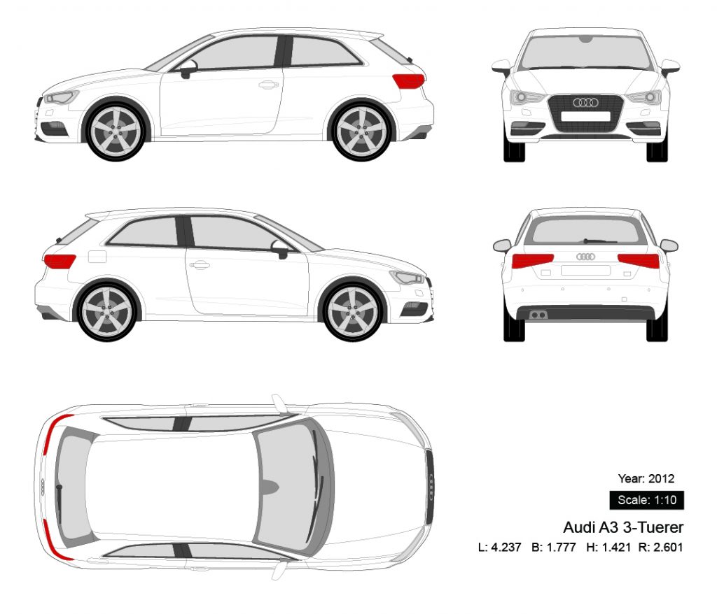 Audi A3 3-Tuerer 2012 矢量三视图-启模网