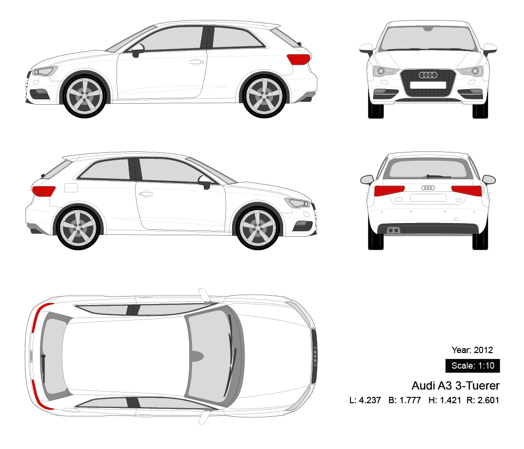 Audi A3 3-Tuerer 2012 矢量三视图