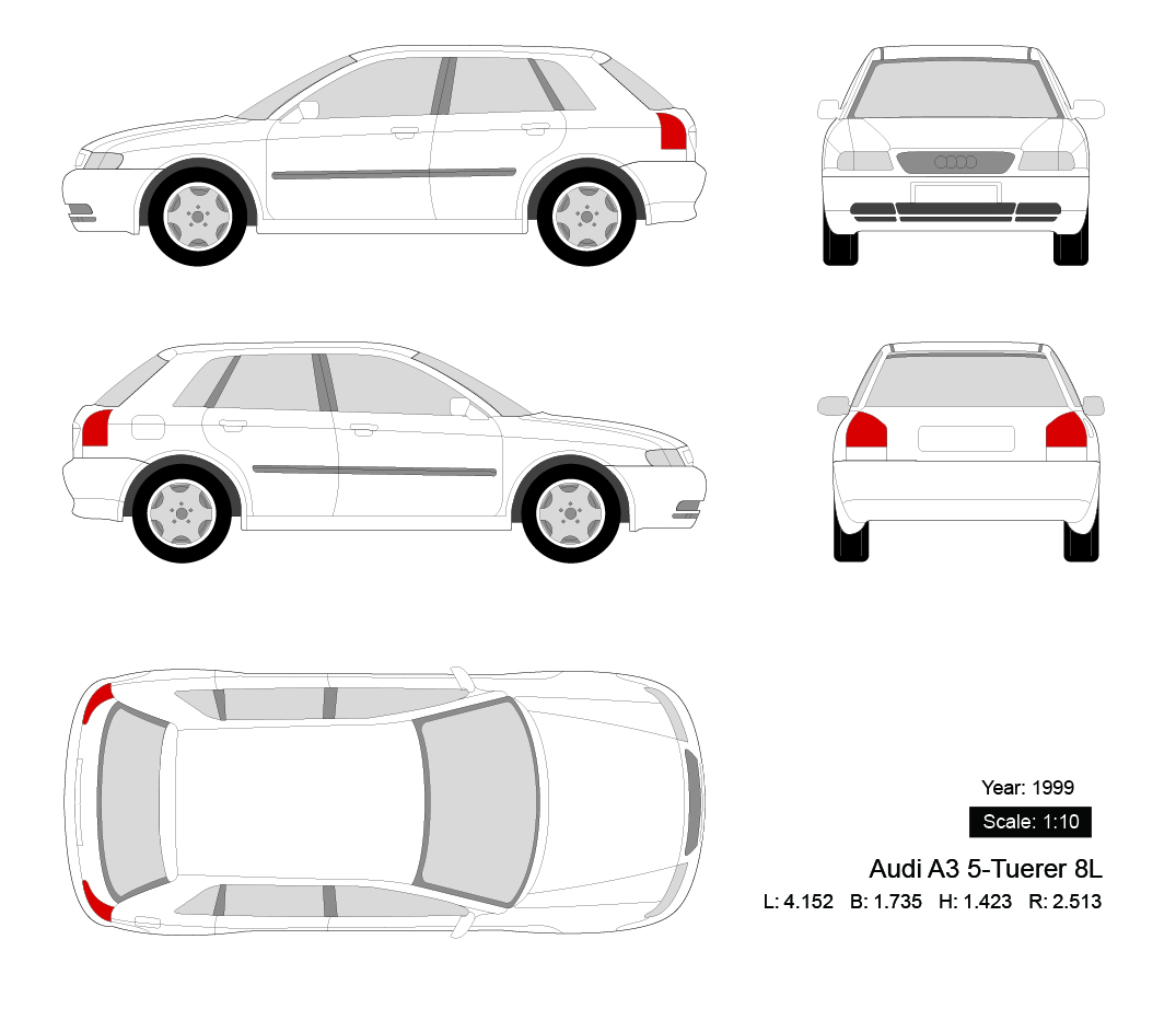 Audi A3 5-Tuerer 8L 1999 矢量三视图