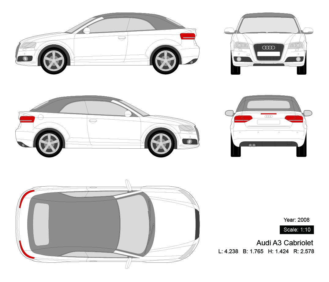 Audi A3 Cabriolet 2008 矢量三视图