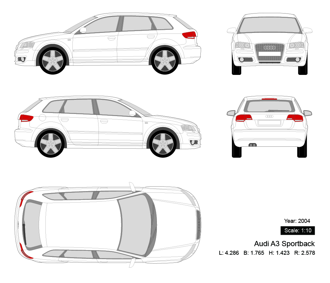 Audi A3 Sportback 2004 矢量三视图
