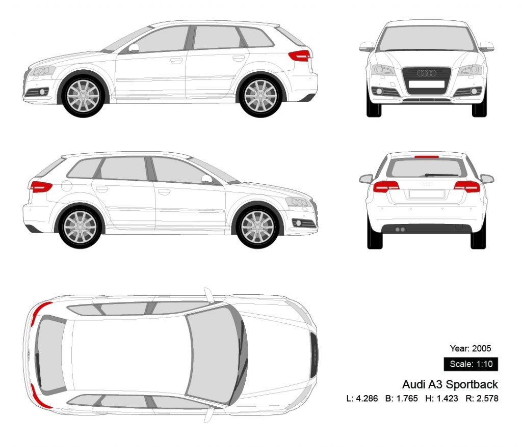 Audi A3 Sportback 2005 矢量三视图-启模网