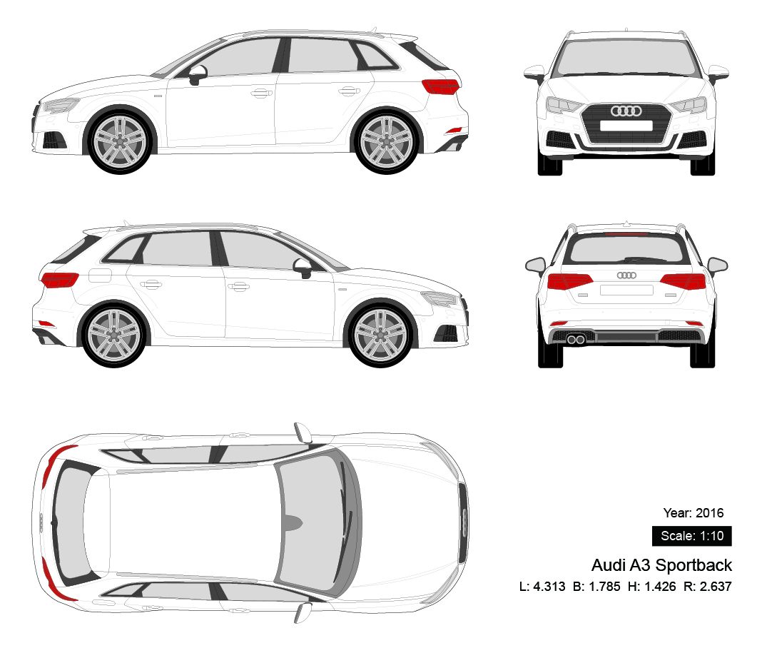 Audi A3 Sportback 2016 矢量三视图