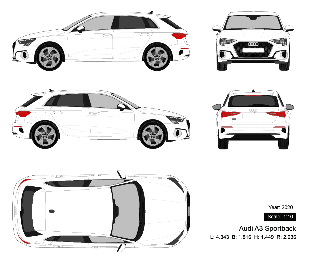 Audi A3 Sportback 2020 矢量三视图