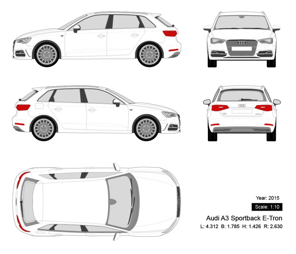 Audi A3 Sportback E-Tron 2015 矢量三视图-启模网