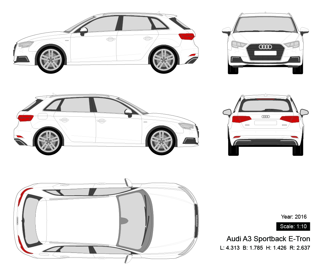 Audi A3 Sportback E-Tron 2016 矢量三视图