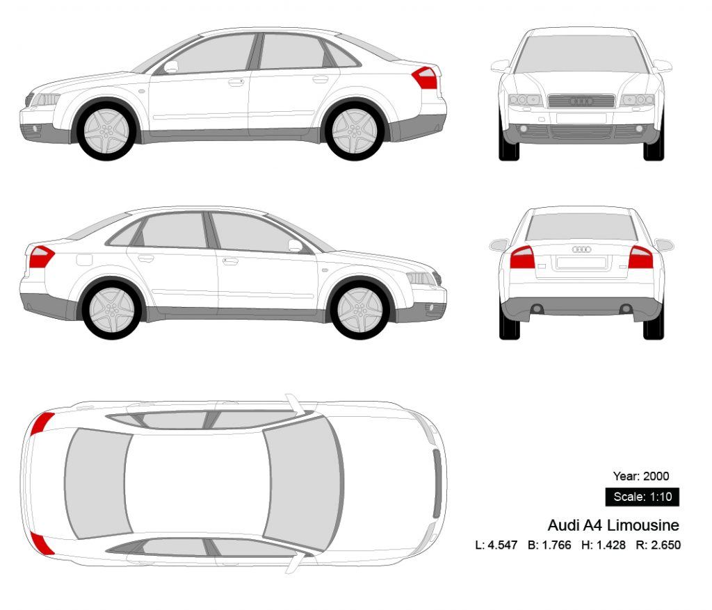 Audi A4 Limousine 2000 矢量三视图-启模网