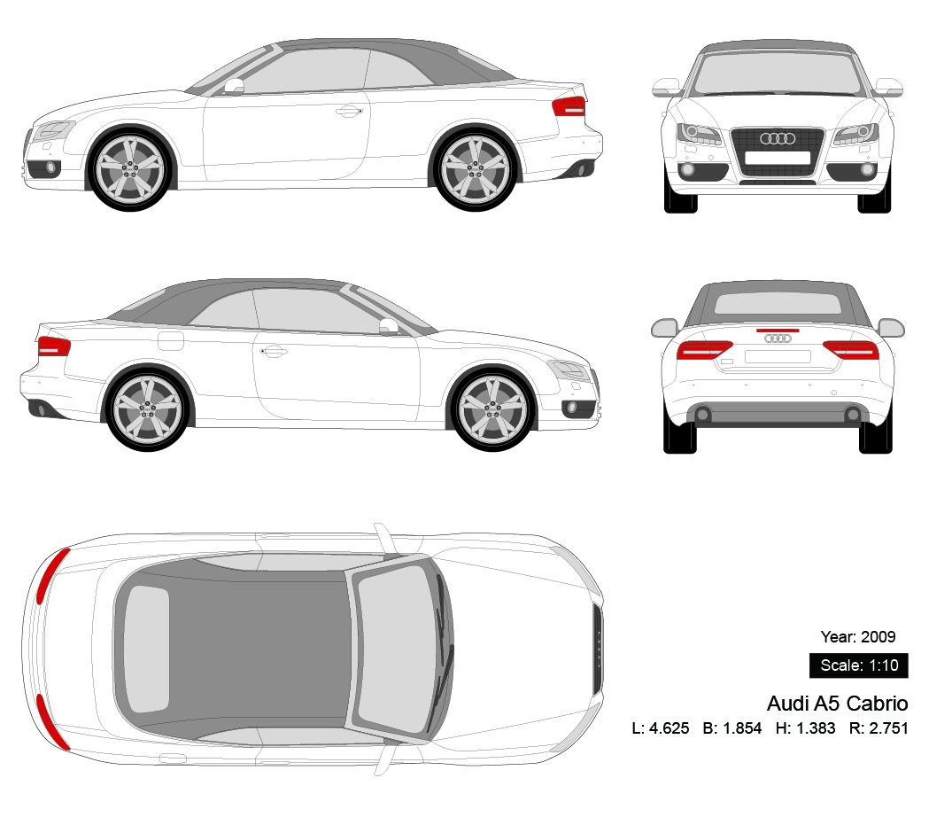 Audi A5 Cabrio 2009 矢量三视图