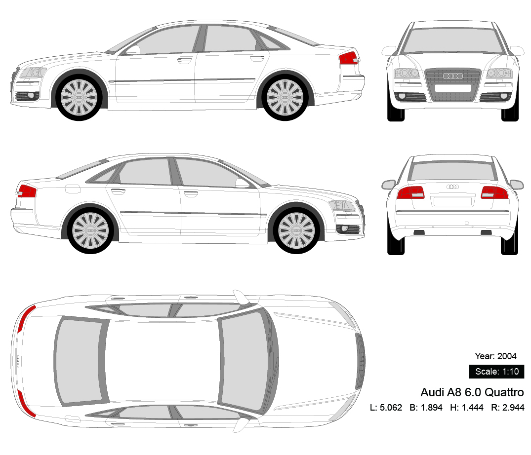 Audi A8 6.0 Quattro 2004 矢量三视图