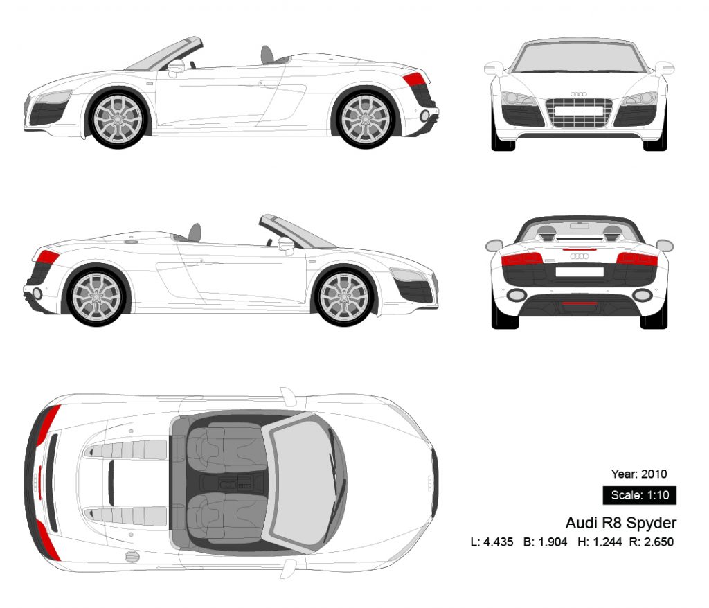 Audi R8 Spyder 2010 矢量三视图-启模网