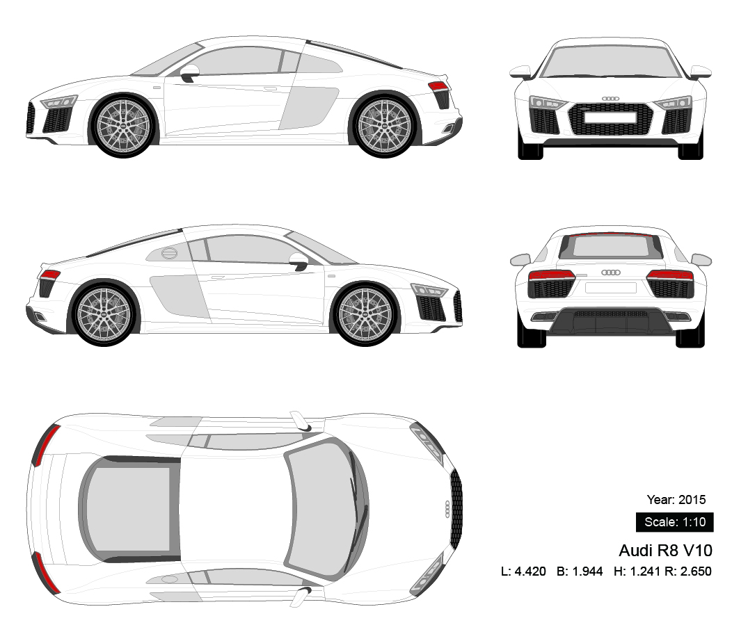Audi R8 V10 2015 矢量三视图
