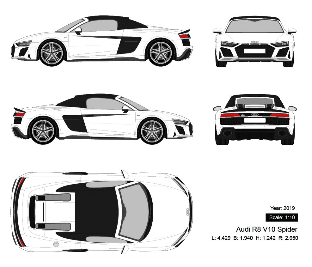 Audi R8 V10 Spider 2019 矢量三视图-启模网